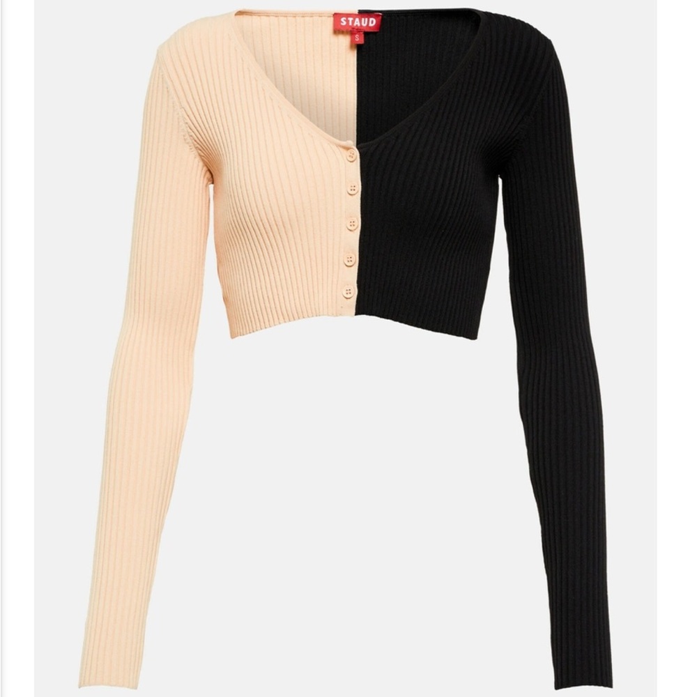 NWT STAUD Manon Shrug Two-tone Rib-knit Cropped Cardigan in Buff Black Size Med